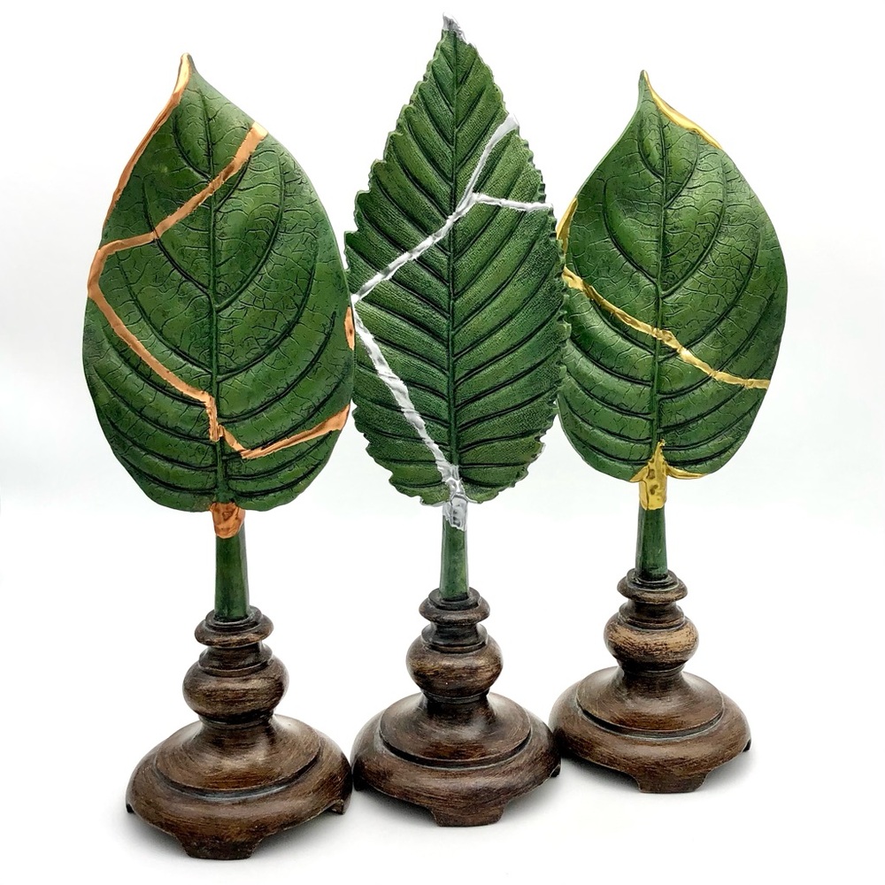 Kintsugi Leaf Finial Decor Set Gold Silver Copper Crack Art Personal Growth Gift